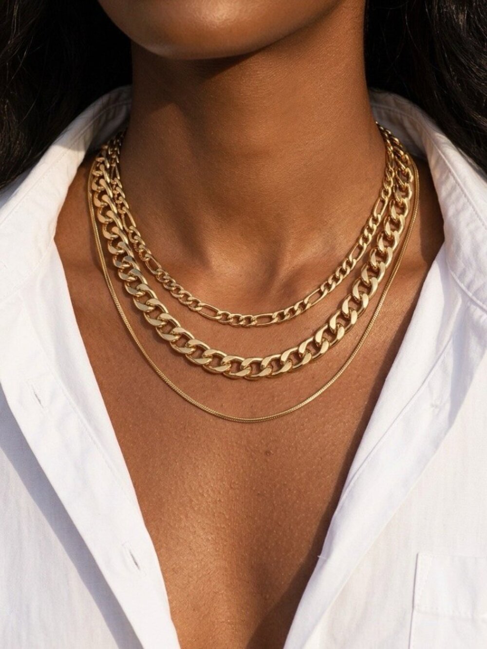 Gold Layered Chunky Chain Necklace Set Lightweight Curb Figaro Link Trendy Bold
